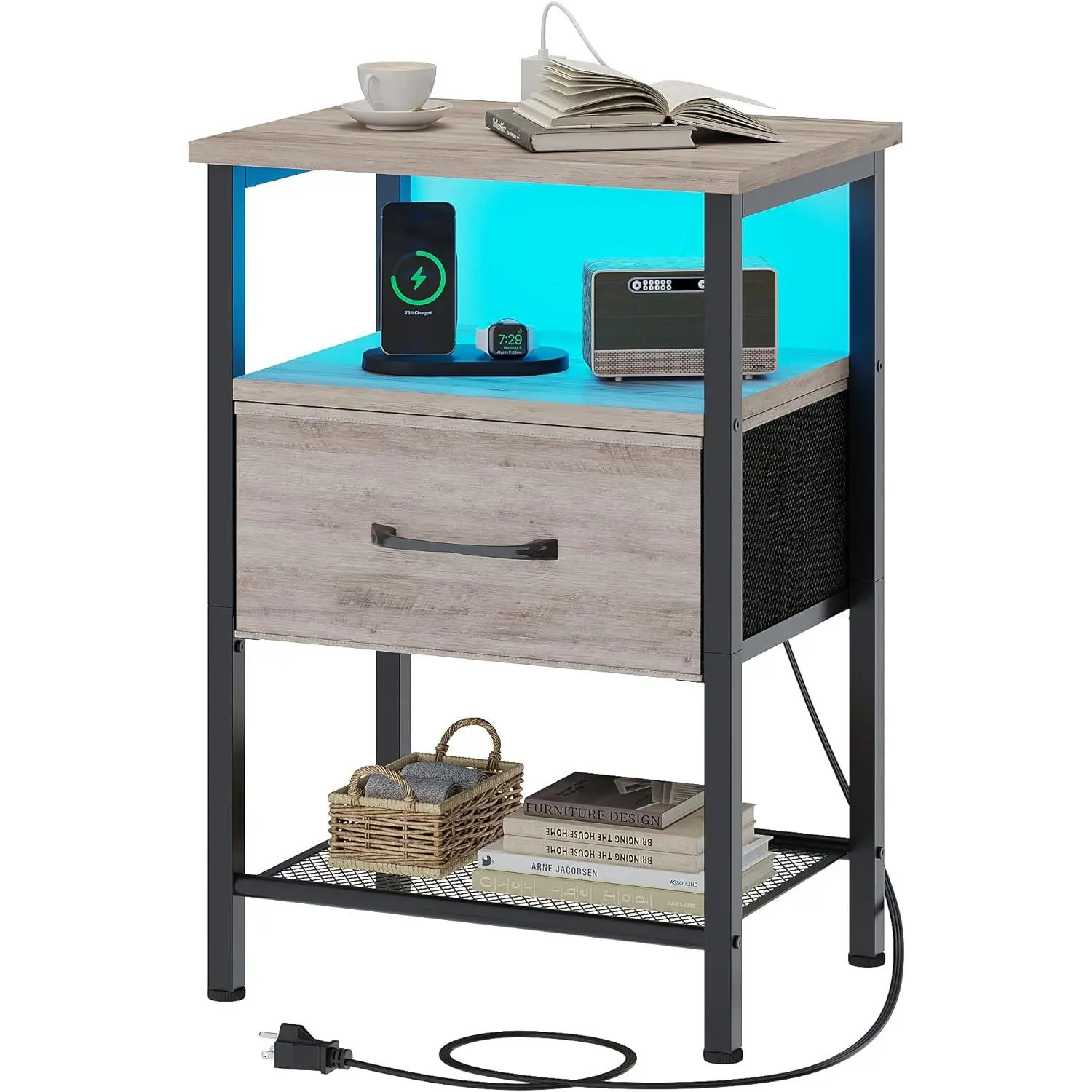 Night Stand, End Table with  Station, LED Nightstands with Fabric Drawer for Bedroom, 3-Tier Side Table with Open Shelf, Greige