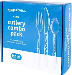 Amazon Basics Disposable Clear Plastic Cutlery Set, Premium Quality, Strong, 192 Count, Large Combo Pack Forks, Spoons and Knives TTDC045339