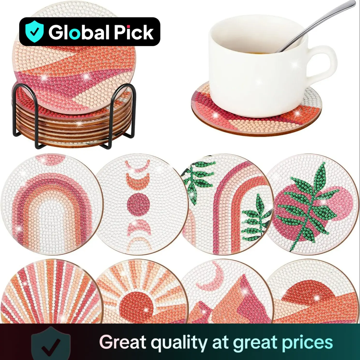 Pastel Color Landscape Pattern DIY Diamond Arts Colorful Painting Coaster, 8 Counts Round Table Decorative Cup Mat With Stand For Home Kitchen Coffee