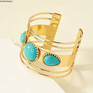 French Vintage Turquoise Wide Cuff Bangle for Women, Boho Punk Inspired Design, Minimalist Chic Statement Jewelry, Lightweight & All-Match Accessory Perfect for Daily, Street & Party Outfits