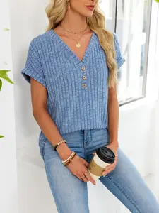 2026 Womens Summer Tops V Neck Henley Button Down Short Sleeve Shirts Lightweight Knit Spring Dressy Blouses