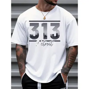 Mens Clothes, T Shirts for Men, Casual Style Design with Print, 100% Pure Cotton Fabric, 313 Detroit Cityscape Printed T-Shirts, Short Sleeve Crew Neck, Comfortable And Breathable, Suitable for Daily And Outdoor Wear in Summer
