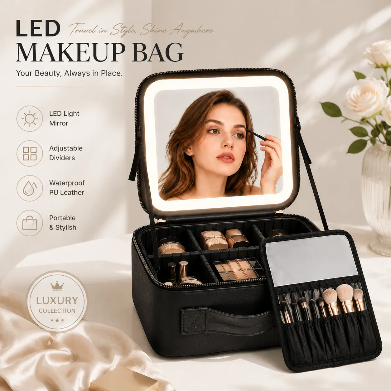 Chic PU Leather Makeup Bag with 3-Color LED Mirror, Built-In Batteries, Adjustable Dividers, Plain Design for Business Travel & Makeup Organization