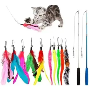 Cat Toys Feather Toy, 2PCS Retractable Wand and 10PCS Replacement Teaser with Bell Refills, Interactive Catcher and Funny Exercise for Kitten.