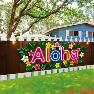 2D Flat 1pc Aloha Neon Sign Backdrop Banner, Party Backdrop Decoration, Hawaiian Plumeria Palm Leaf Wooden Wall Photography Background, Tiki Luau Party, Summer Pool Party, Bar Decor, Photo Booth Prop, Multiple Sizes Available
