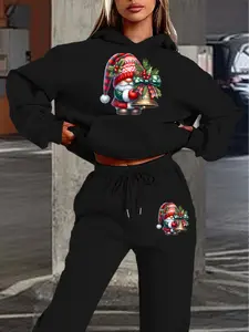 Autumn Winter Hoodie Set, Plaid Christmas Elf + Bells, Cute Forest Style, Casual Fitted, All-Season Comfort