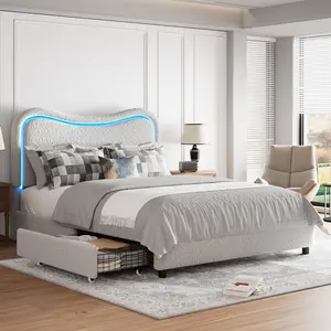 Grey LED Full Size Bed Frame with 2 Drawers and Headboard, Cute Upholstered Bed with Storage, Sturdy Platform Bed, No Box Spring Needed, Wooden Slats, Noise Free