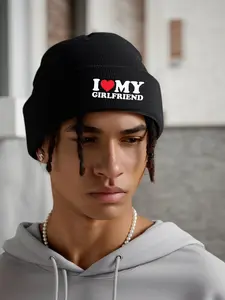 Unisex Knit Beanie Hat, I Love My Girlfriend Pattern Design, Casual Style for All Seasons, Windproof & Warm Outdoor Accessory