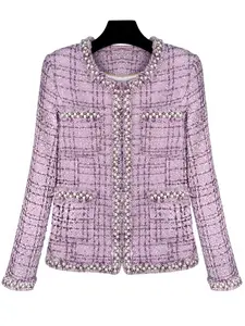 Fashionable Round Neck Heavy Beaded Light Luxury Tweed Jacket, Elegant Fitted Design, High-End Small Fragrance Style, Women's Spring & Fall Outerwear