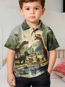 Boys' Dinosaur World Polo Shirt, Short Sleeve Casual Top, Summer Outdoor Wear, All-Over Print, Slim Fit, with Collar and Buttons