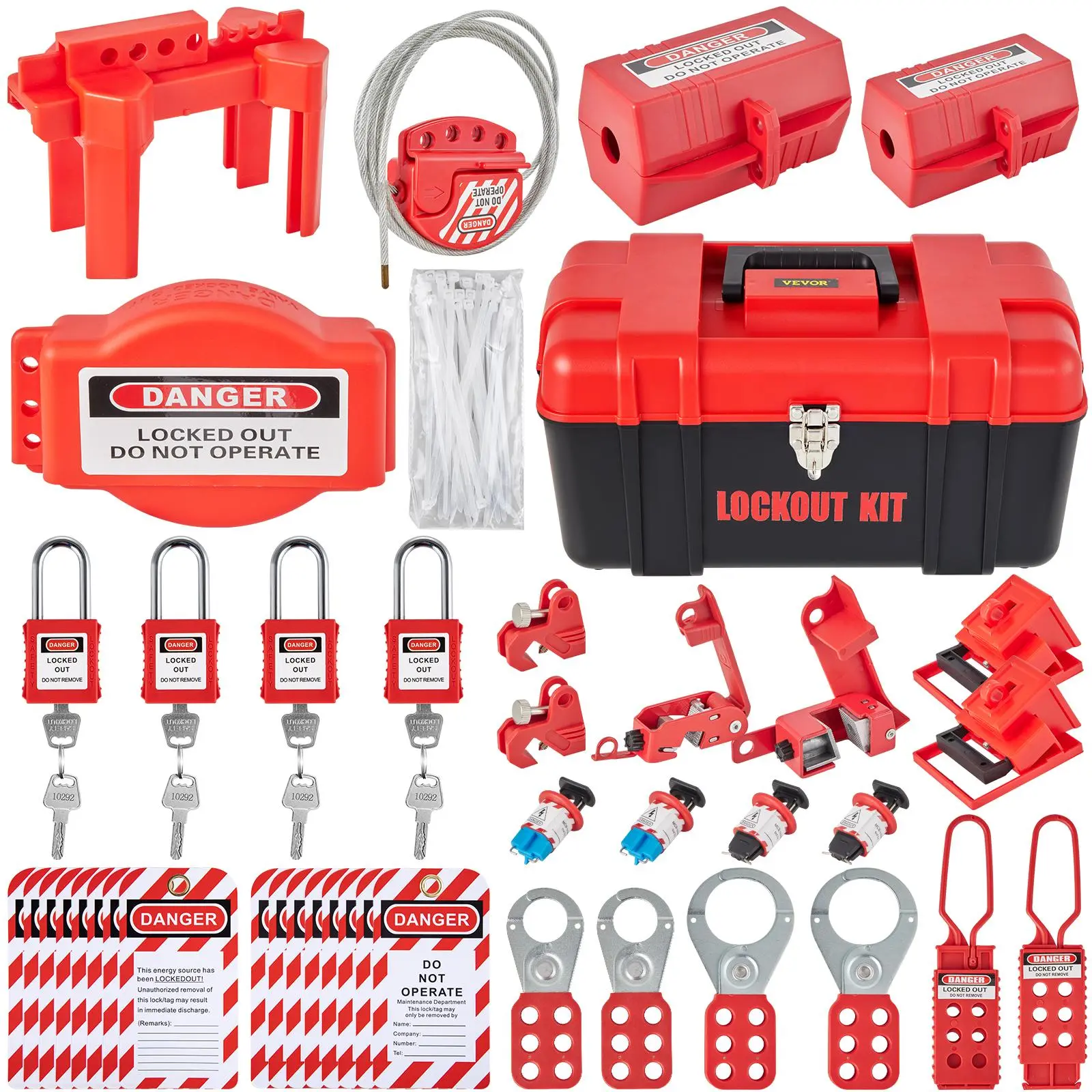 VEVOR 42 PCS Lockout Tagout Kit - Corrosion-Resist Multi-Locking Steel Shackle Padlocks, 5 Lockout Types, Hasps, Write-In PVC Tags, PA Bodies, Ties & Box, Electrical Safety Loto Tools for Energy Source Maintenance to Reduce Risk of Injuries