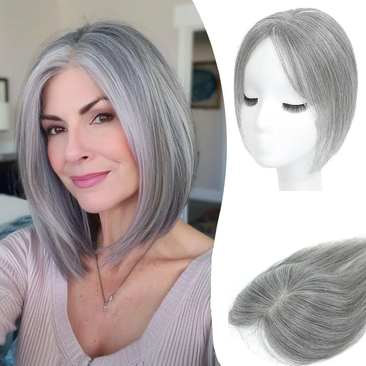 Real Human Hair Topper with Side Bangs for Thinning Hair UDU Human Hair Topper with Bangs - Clip In Hairpiece for  main image 2