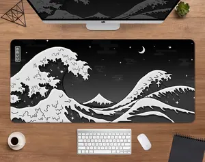 Black and white desk mat wave mousepad, Hokusai great wave minimal dark design, Japanese anime desk accessories, XXL large gaming mouse pad, Desk Mat Gifts