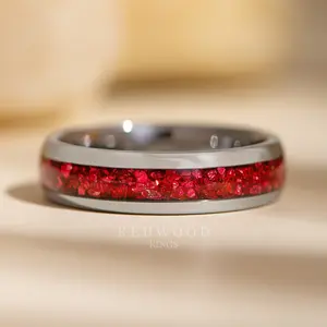 Silver Tungsten Ring with Red Lab-Created Garnet Inlay - 6MM