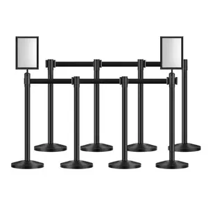 Stanchion Post, 8 Pcs Stanchions with Retractable Belts, Carbon Steel Black Stanchions Queue with Sand Injection Hollow Base, Crowd Control Barriers for Theaters, Parties, Weddings, Exhibitions