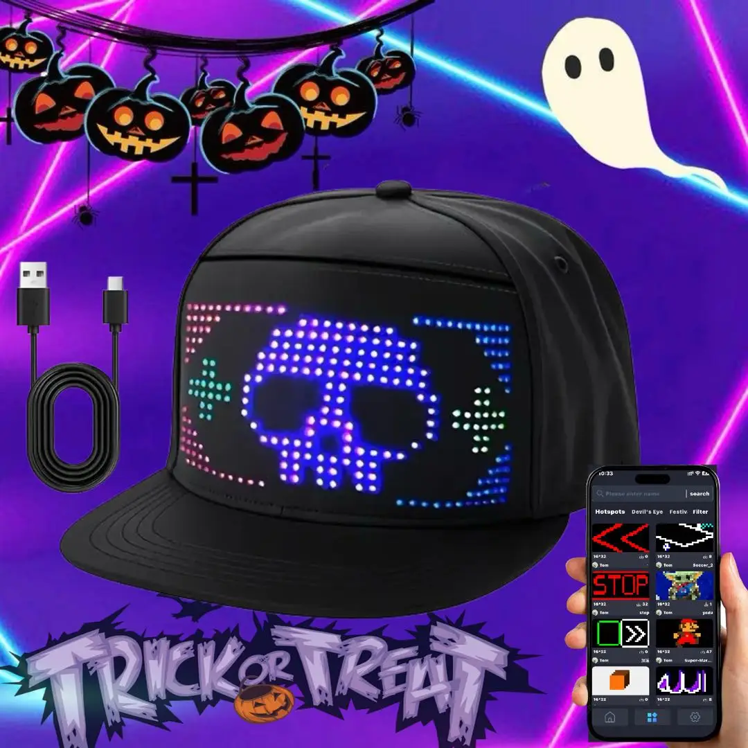 Customizable LED Hat Baseball Cap with Bluetooth – Display Your Message in Full Color! 16×32 Bright Perfect for Parties, Events, and Gifts