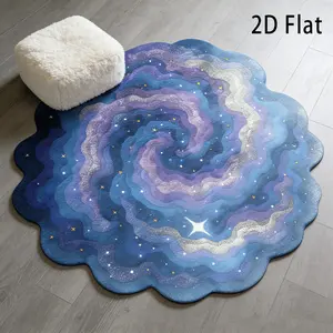 Korean Dreamy Blue Gradient Starry Galaxy Swirl Round Rug, 2D Flat Wave Edge Sky Map Mat, Living Room Bedroom Decor Pad, Girl Heart Style Bedside Blanket