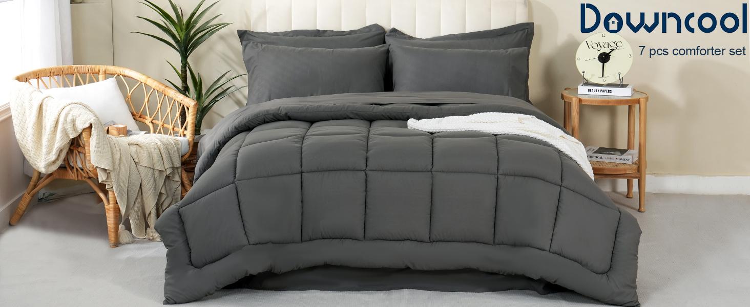 DOWNCOOL 7Pcs Comforter Sets, All Season Bed in a bag ,  Multi-color Down Alternative Bedding Comforter Sets with Comforter, Flat Sheet, Fitted Sheet, 2 Pillow Shams & 2 Pillowcases, Summer Turn Up Pink Bedroom Accessories