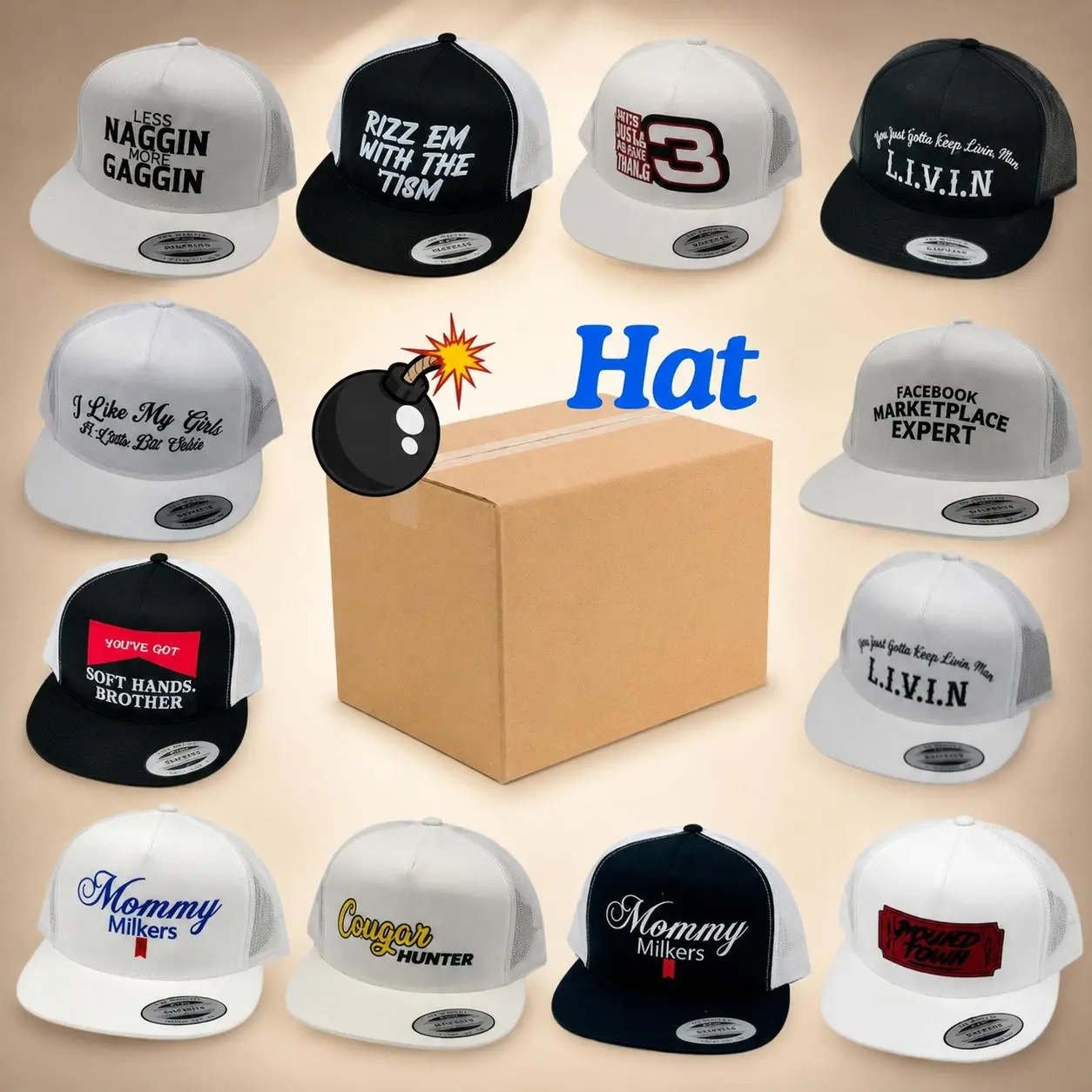[ Combo Buy 2 For 1 Price ]  Random sent Kitty Kisser, L.I.V.I.N Livin, Facebook Marketplace, Less Naggin Gaggin, Rizz Em With The Tism, Gaslighting Isn't Real, All Silly Some Goose, I Like My Girls A Little Bit Older, Trucker SnapBack Hat