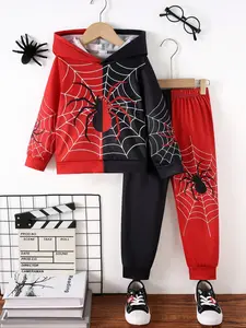 Boys' Spider Print Hooded Sweatshirt Matching Set, Fall & Winter Casual Fitted Long Sleeve Top and Pants Two-Piece