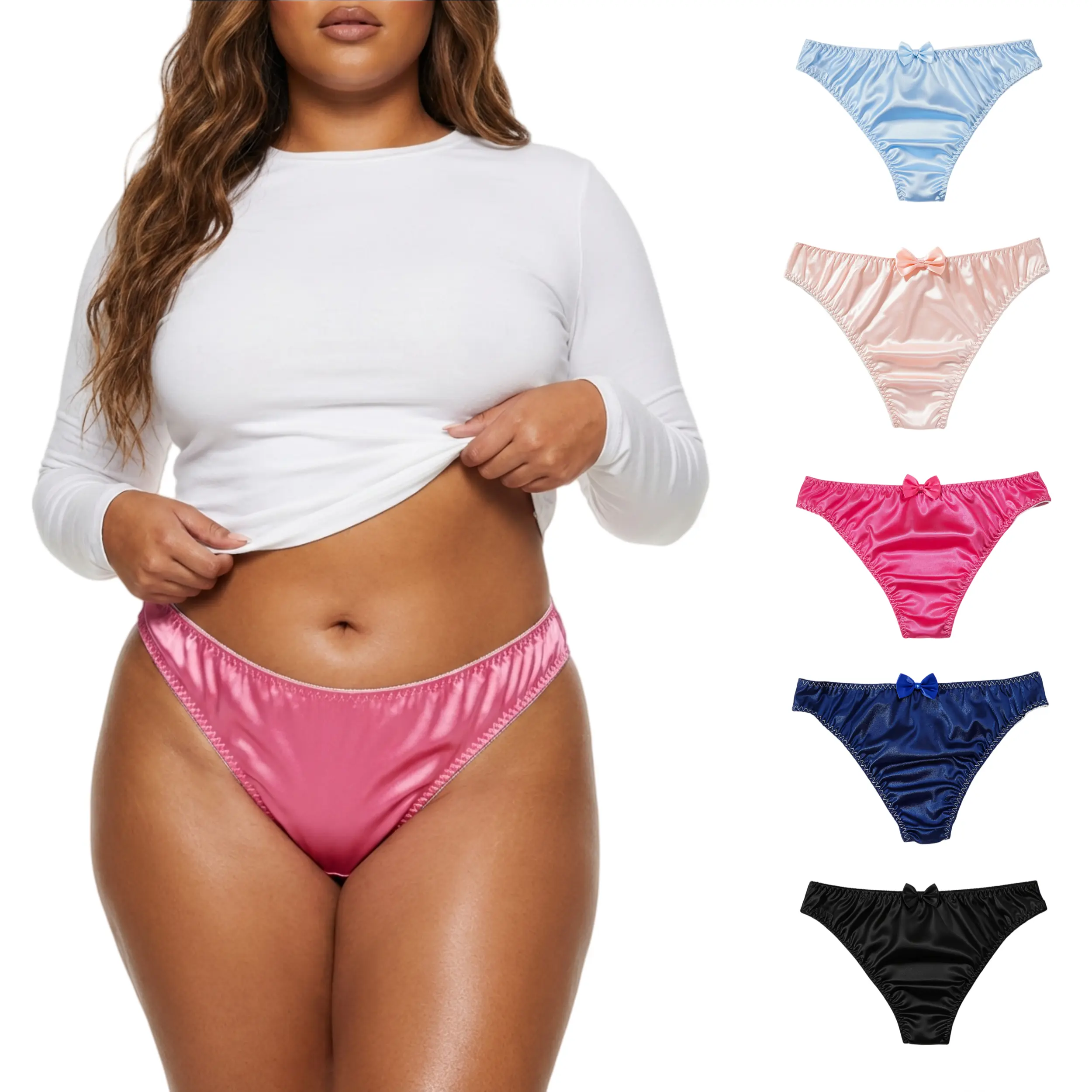 4-Piece Silky Satin High Cut Panties, Plus Size Bow Decor Breathable Sexy  Lingerie Underwear for