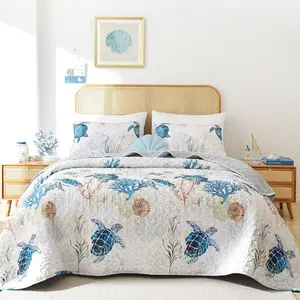Coastal Quilt Set Queen Size - Sea Turtle Ocean Print Lightweight Soft Microfiber Summer Comforter with 2 Pillow Cases - Beach Bedding Coverlet Decor for All Seasons Bedroom & Guest Room