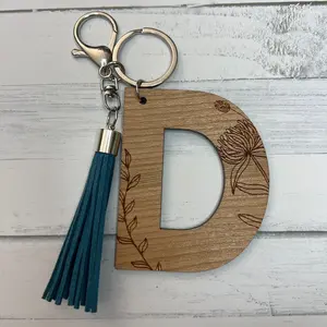 Cherry Wood Floral Initial Keychain with Tassel & Lobster Claw Clasp