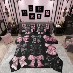 Black and Pink Bow 7 pieces Comforter Set,Coquette Bows Bed in A Bag for Girls Boys Teens，Breathable Durable Sheets Quilt Breathable Durable Sheets