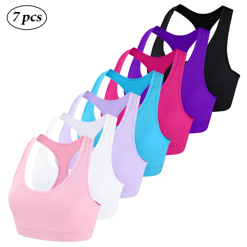 7 Pack High Elasticity Seamless Sports Bras- Polyamide & Elastane Knit Fabric, Solid Color, No Padding, Lightweight Athletic Camis for Adults