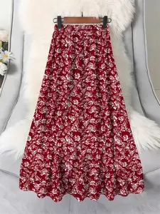 Plus Size Women's Floral High Waist Skirt, Slimming A-Line Long Dress, Casual Loose-Fitting Spring & Fall Fashion