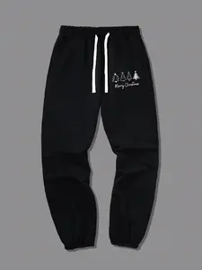 Men's Christmas Tree & Letter Print Drawstring Waist Sweatpants, Casual Comfy Pocket Jogger Pants for Daily Wear, Men's Trousers for Summer