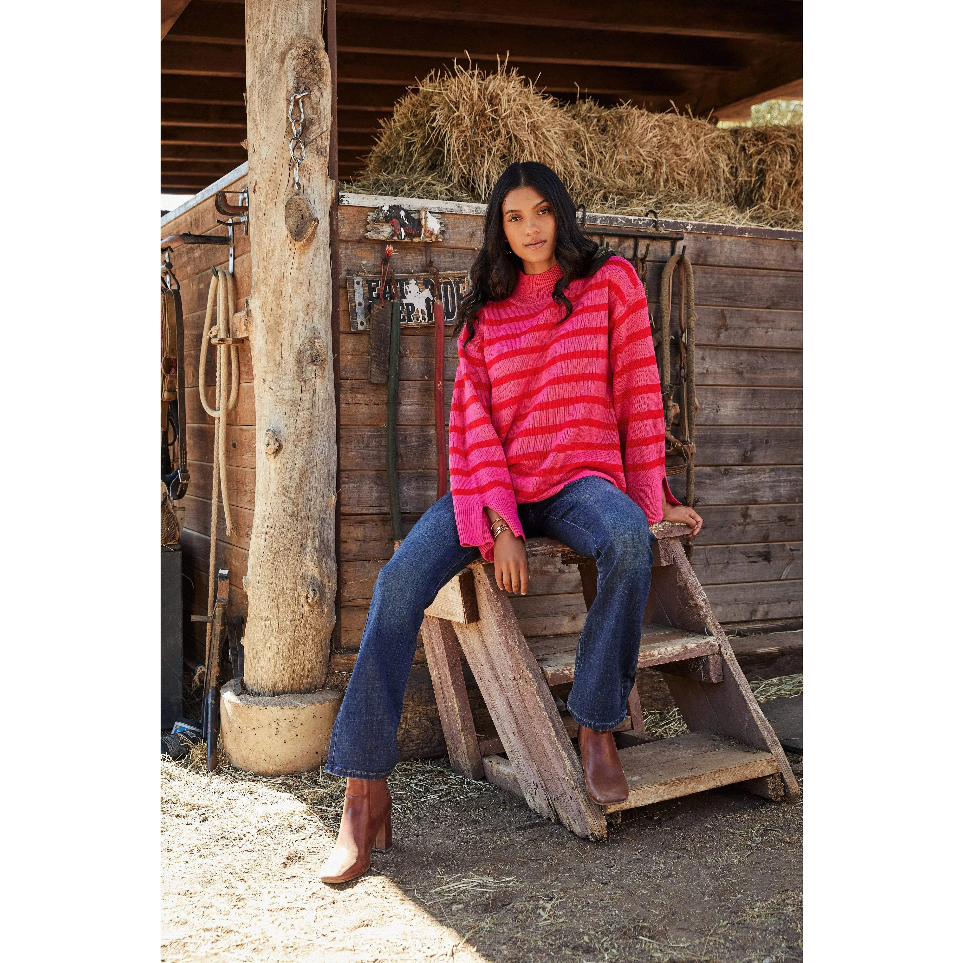 Slayder Striped Turtleneck Wide Sleeve Sweater