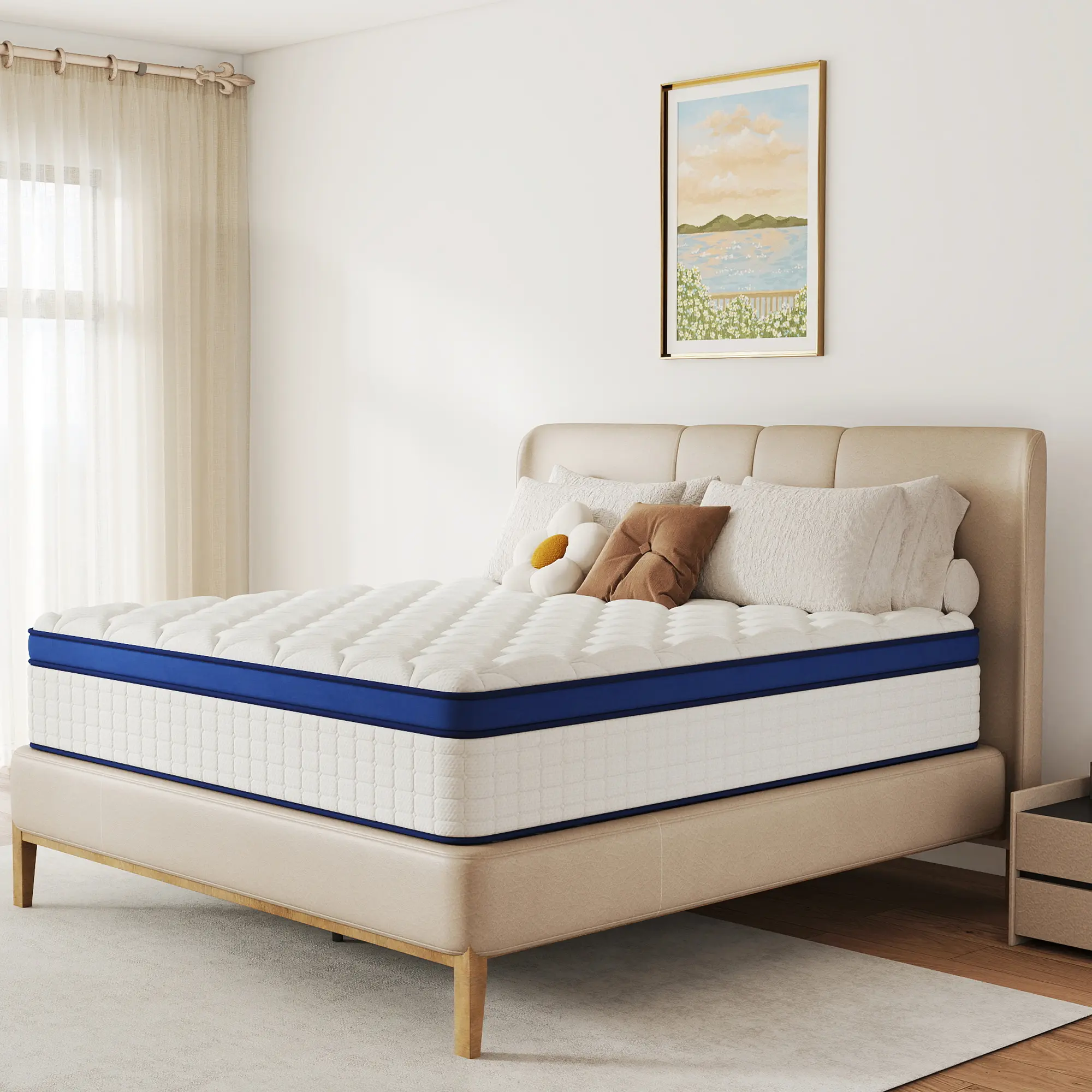 Queen Size 12-in Hybrid Mattress, Pillow Top Pocket Spring Mattress with Motion Isolation, Sponge Layer, Supportive & Anti-Allergic Design