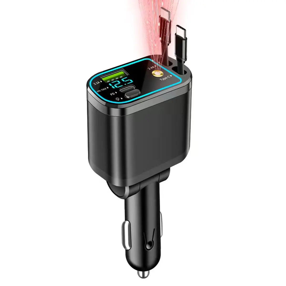 4 in 1 Retractable Car Charger Mobile Phone Charger with Starry Sky Light, Car Usb Charger Multi Port, USB 3.1A Type C Ports 2 Type C Retractable Charging Cables, USB C Fast Charging Solution 180° Adjustable For Cell phone Charger High Speed Charger