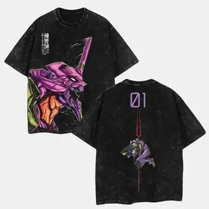 Neon Genesis Evangelion EVA Unit 01 Washed Vintage T-Shirt, Oversized Anime Graphic Tee with Flame Skull Inspired Rider Aesthetic, Soft Cotton Streetwear Top for Men and Women, New Arrival