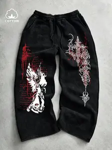 GothicAngel&CrossPrintFleeceLinedPants,LooseFitStreetStyleJoggersforFallWinter,UnisexCasualFashion