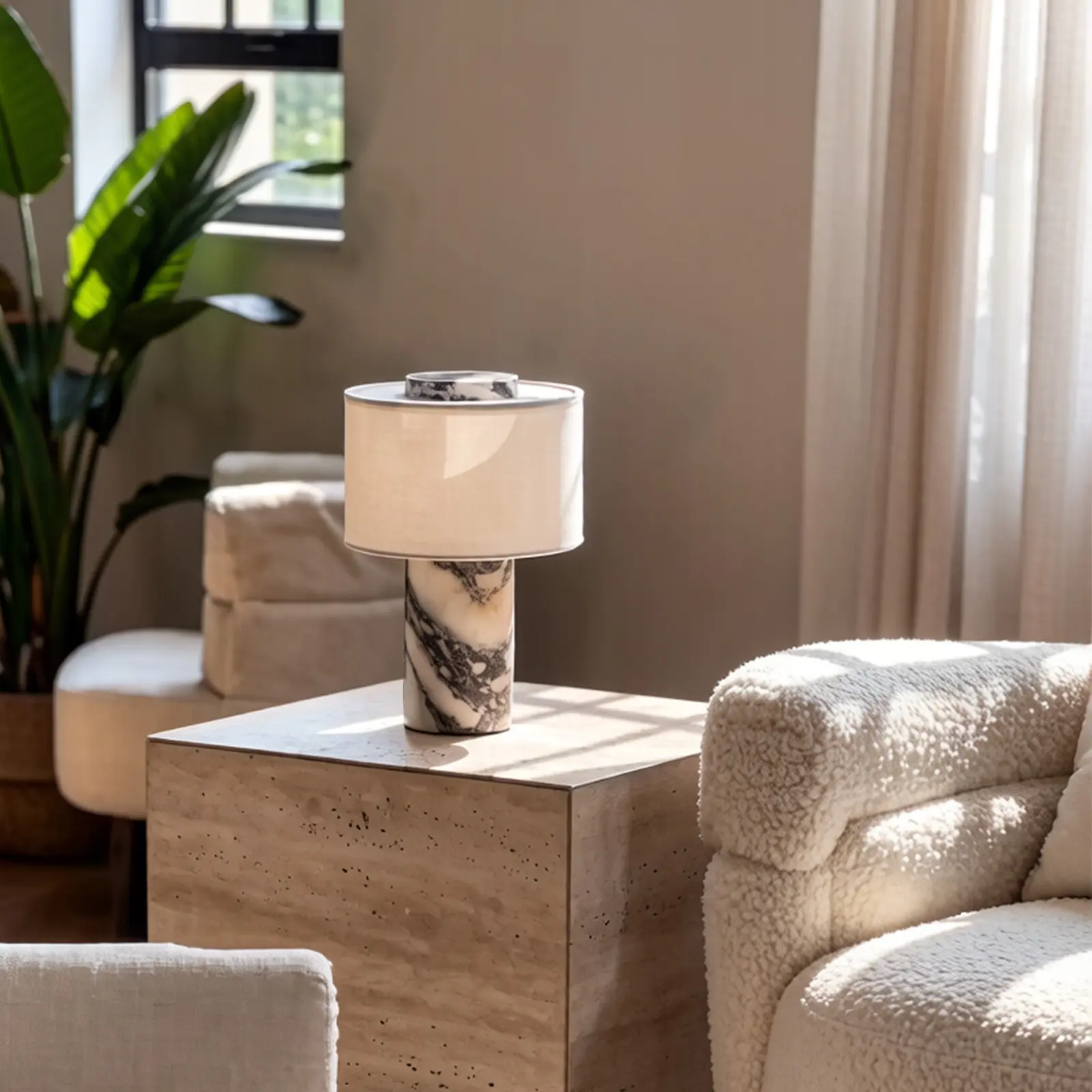 Marble Lamp, Stone Travertine Table Lamps Collection - Modern Cylindrical Lampshade Flower Sculpture Cordless Luxury  Design Bedside Lamp Gifts for Home Decor, Bedroom, Living Room & Office  Minimalist