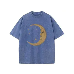 230g Washed, Moon And Stars Accompanied By Printed T-Shirts, High-Quality Batik Cotton Vintage Fashion Brand T-Shirts, Beach Essential, Men's Summer T-Shirts, Holiday Gifts, Perfect Gifts.