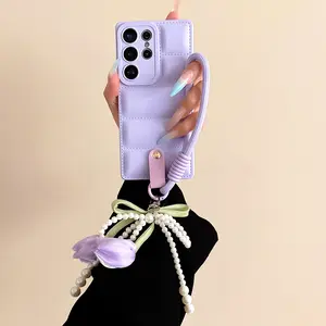 Tulip Flower Phone Case For Samsung S24 FE S23 S25 S22 S26 Plus Ultra 5G Solid Color Down Jacket Cover With Pearl Hand Strap
