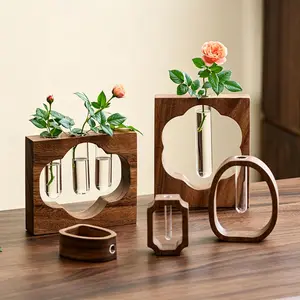 Walnut Solid Wood Hydroponic Vase, Desktop Ornament, Mini Glass Plant Flower Arranger, Home Glass Flower Tube