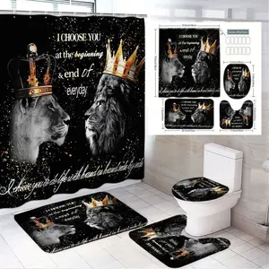 1/4pcs Royal Lion Crown Bathroom Set - Black White Golden Lioness & Lion Shower Curtain, 2 Bath Mats, Toilet Lid Cover, Starry Background, Regal Elegant Decor for Bathroom, Ideal for Birthday & Anniversary Gift Shower Curtain Sets