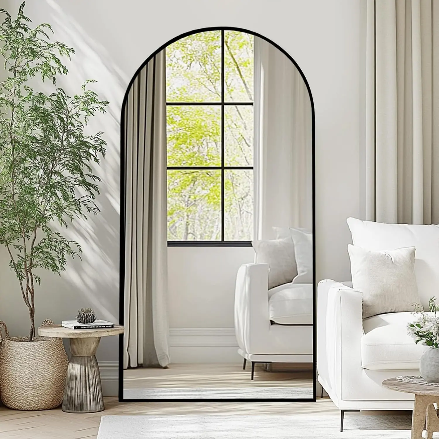 76" x 34" Large Arched Full Length Mirror with Stand, Black Wall Mounting Full  Tempered Mirror, Metal Frame Full-Length Mirror for Living Room, Bedroom