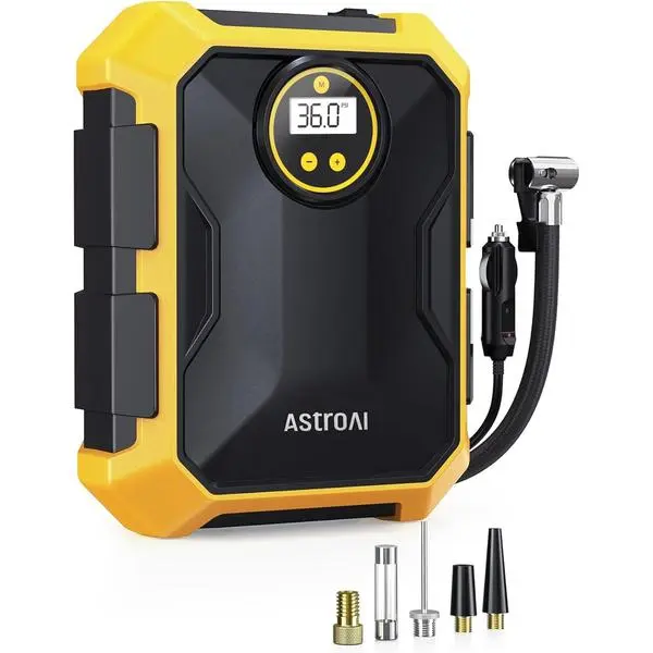 Tire Inflator Portable Air Compressor 12V DC 100PSI, Integrated Storage, Digital Gauge, Auto Shut-Off Fast Inflation LED Light, Air Pump for Car Tires Bike Motorcycle Other Inflatables, Yellow