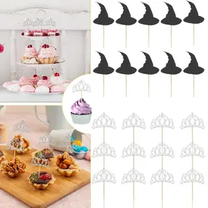 24pcs magic witch-themed cupcake decorations - black glitter witch hat cupcake toppers - Silvery crown cake decorations - suitable for witch and wizard themed baptism birthday party