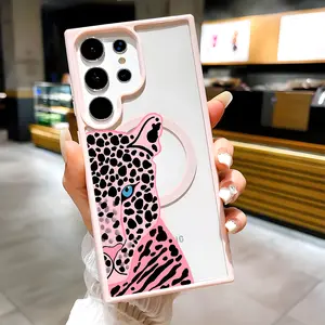 Pink Leopard Pattern Clear Magnetic Phone Case, Compatible with MagSafe Silicone Bumper Protective Cover For Samsung S25 S24 S23 S22 Ultra Plus FE
