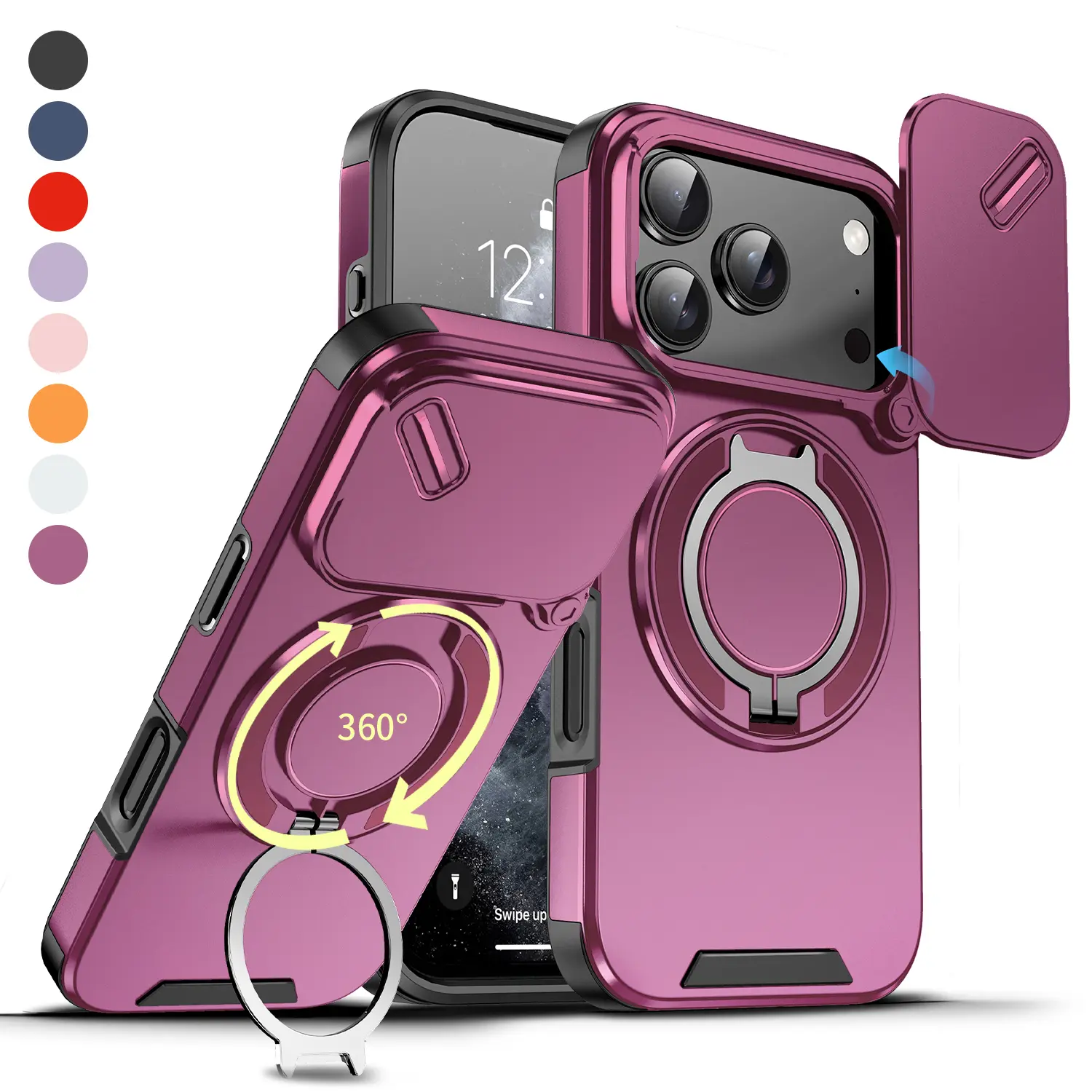 Case with Slide Camera Cover for iPhone 17 Air 17 Pro Max 16 15 14 13 12 Pro Max, Rotated Ring Kickstand Military Grade Shockproof Protective Cover Rugged Heavy Duty for Men Women