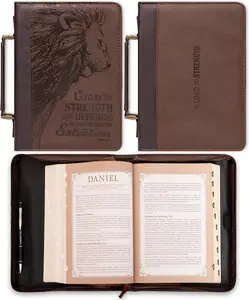 Men's Classic Bible Cover The Lord is My Strength Lion Exodus 15:2, Brown Faux Leather, XL