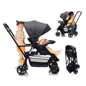 Sit-Stand Double Stroller Lightweight Folding Travel Stroller Newborn Toddler W/ 5-Point Harness Canopy Tray Storage Basket Standing Platform
