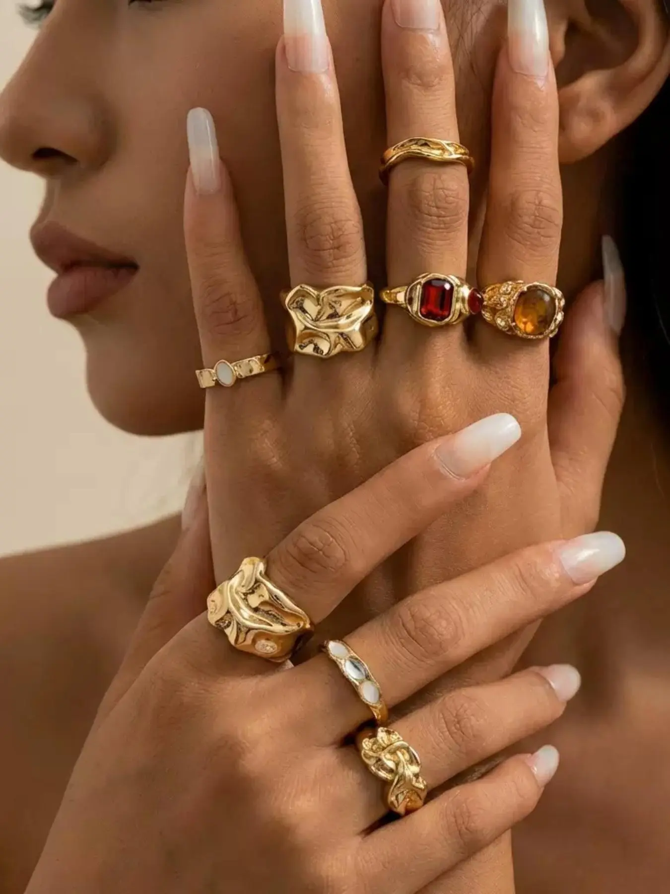 Women's Vintage Bohemian Style Geometric Design Statement Boho Style Rings Jewelry Set, 6/8/26 Pieces, Sunstone Imitation Tiger Eye Material, Fall Winter Wear, Perfect Gift
