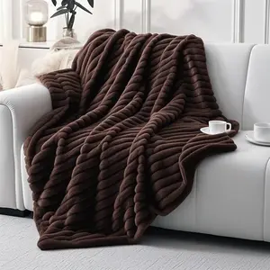 Luxury-Layer Faux Fur Throw Blanket – Soft, Plush & Warm with Elegant Ribbed Stripes. Perfect Cozy Gift for, Dark Brown, 49" x 63". for Sofa, Bed, or.